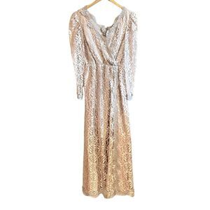 JC Penny Vintage Pink Rose Gold Sheer Long Sleeve Maxi Lace Event Dress Size 10P
